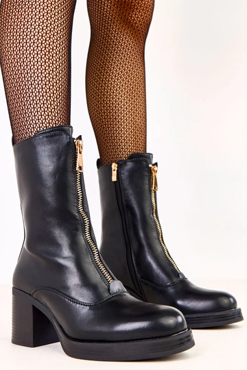 Schwarze Stiefeletten mit Absatz und dekorativem Reißverschluss vorne Erafir