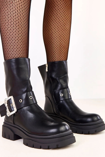 Schwarze Stiefeletten mit Schnalle und Zirkonia Friga