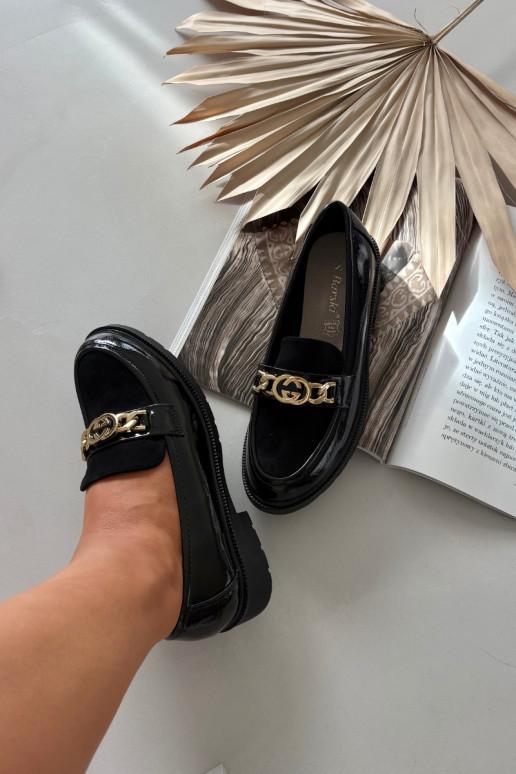 Lackierte Mokassins Feminin mit goldenen Details S.Barski HY52-540 schZuarze Farbe