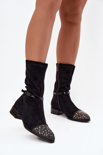 Damen Stiefeletten auf niedrigem Absatz mit Dekoration und Bändern D&A MR52-165 schwarz 2