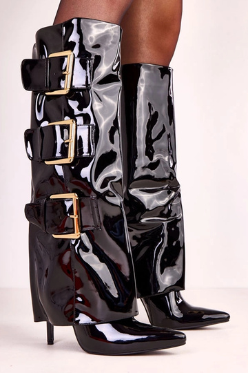 Schwarze Lack-Stiefel mit umklappbarem Schaft Karela