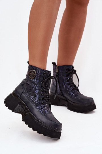 Haut Damenstiefel mit einer Plattform mit Schriften I Ozdobnym Detalem Artiker 57C2271 Dunkelblau