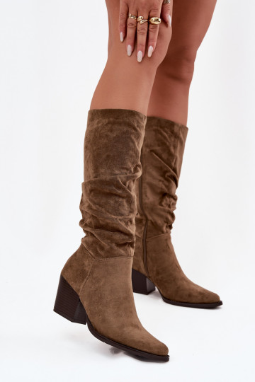 Damenstiefel Mit gekräuseltem Oberteil mit Absätzen sich Zuarm laufen grüne Farbe Paelina