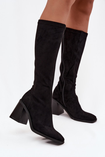 Damen Stiefel auf hohem Blockabsatz aus Kunstvelours in Schwarz Traven 2
