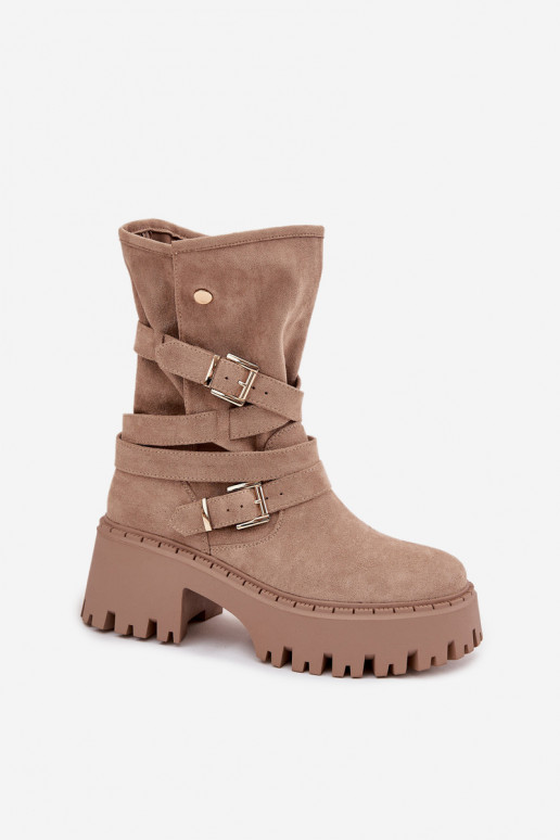 Damenstiefel Auf massiven Absätzen mit Schnallen I Streifenem Beige Nerelisa Damenstiefel Auf massiven Absätzen mit Schnallen I Streifenem Beige Nerelisa