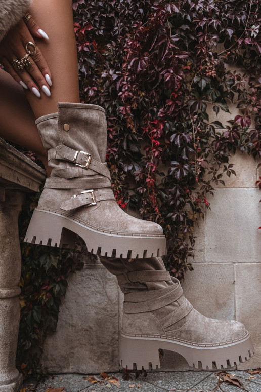 Damenstiefel Auf massiven Absätzen mit Schnallen I Streifenem Beige Nerelisa Damenstiefel Auf massiven Absätzen mit Schnallen I Streifenem Beige Nerelisa