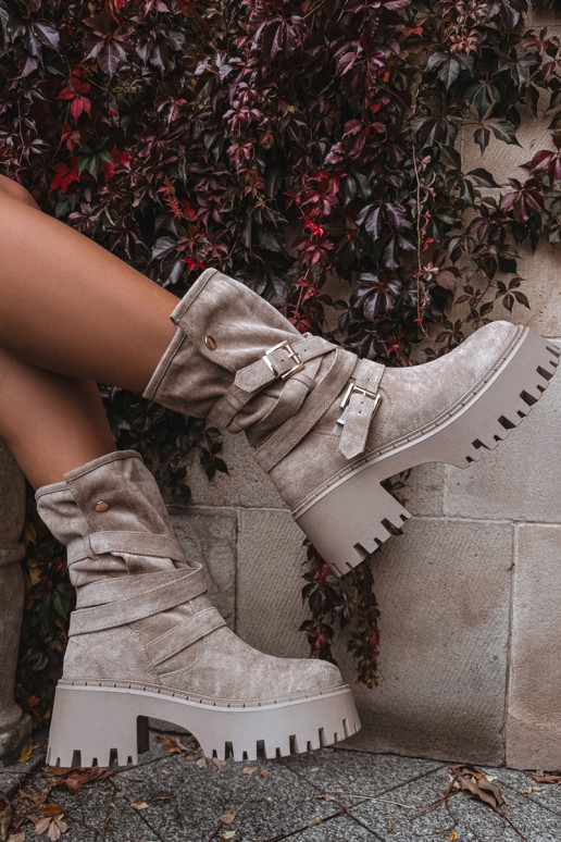 Damenstiefel Auf massiven Absätzen mit Schnallen I Streifenem Beige Nerelisa Damenstiefel Auf massiven Absätzen mit Schnallen I Streifenem Beige Nerelisa