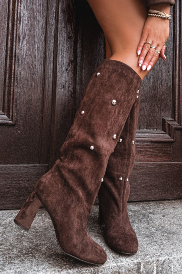 Warmes Damen Langschaftstiefel mit Absatz und dekorativen Details schokoladenfarben Lucinda 2