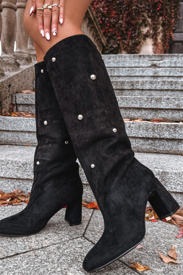 Warmes Damen Langschaftstiefel mit Absatz und dekorativen Details schwarz Lucinda