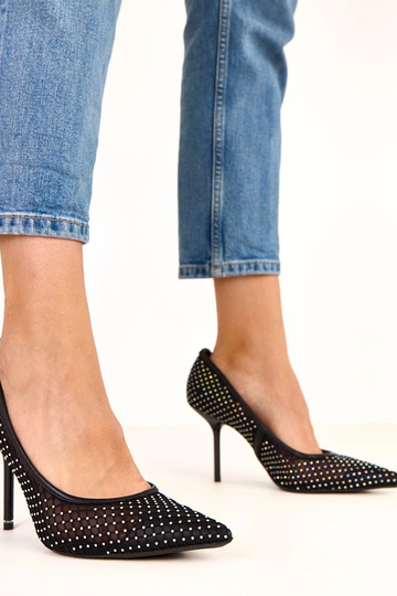 Schwarze High Heels aus Netzstoff, verziert mit Zirkonia Rita