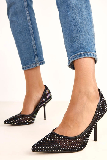 Schwarze High Heels aus Netzstoff, verziert mit Zirkonia Rita 2
