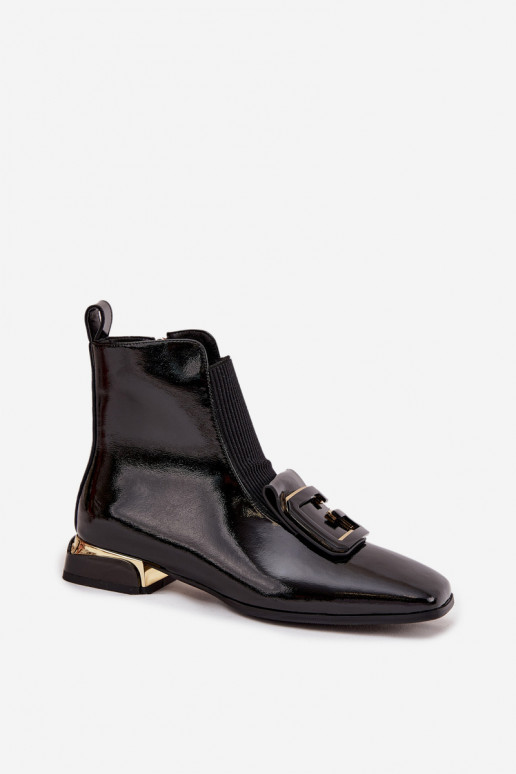 Haut mit Lackeffekt Damenstiefel Auf niedrigem Absatz mit Ornamenten D&A MR52-216 schZuarze Farbe Haut mit Lackeffekt Damenstiefel Auf niedrigem Absatz mit Ornamenten D&A MR52-216 schZuarze Farbe