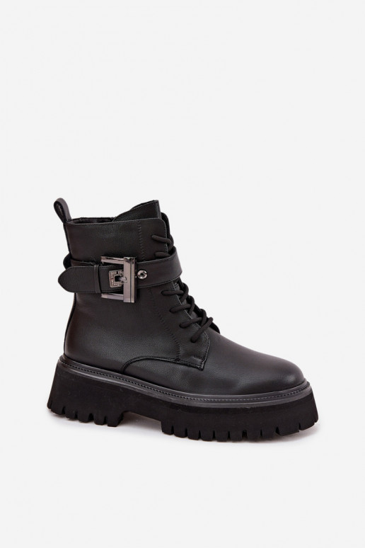 Haut Arbeitsstiefeletten Feminin sich Zuarm laufen dekorieren mit Schnallen D&A MK52-032 schZuarze Farbe Haut Arbeitsstiefeletten Feminin sich Zuarm laufen dekorieren mit Schnallen D&A MK52-032 schZuarze Farbe