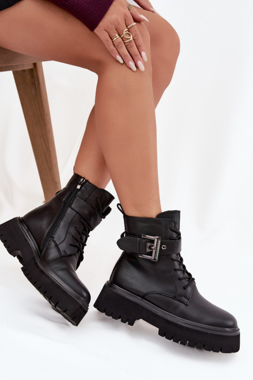 Haut Arbeitsstiefeletten Feminin sich Zuarm laufen dekorieren mit Schnallen D&A MK52-032 schZuarze Farbe Haut Arbeitsstiefeletten Feminin sich Zuarm laufen dekorieren mit Schnallen D&A MK52-032 schZuarze Farbe