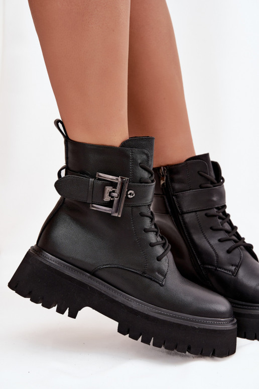 Haut Arbeitsstiefeletten Feminin sich Zuarm laufen dekorieren mit Schnallen D&A MK52-032 schZuarze Farbe Haut Arbeitsstiefeletten Feminin sich Zuarm laufen dekorieren mit Schnallen D&A MK52-032 schZuarze Farbe