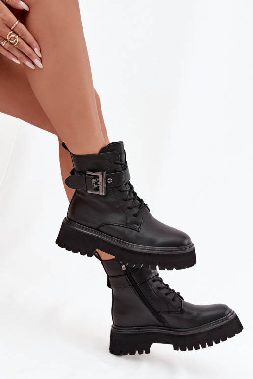 Haut Arbeitsstiefeletten Feminin sich Zuarm laufen dekorieren mit Schnallen D&A MK52-032 schZuarze Farbe Haut Arbeitsstiefeletten Feminin sich Zuarm laufen dekorieren mit Schnallen D&A MK52-032 schZuarze Farbe