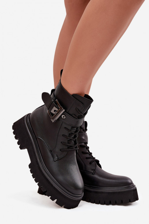 Haut Arbeitsstiefeletten Feminin sich Zuarm laufen dekorieren mit Schnallen D&A MK52-032 schZuarze Farbe Haut Arbeitsstiefeletten Feminin sich Zuarm laufen dekorieren mit Schnallen D&A MK52-032 schZuarze Farbe