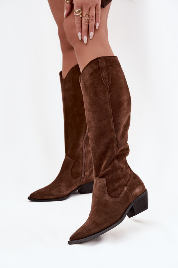 Warme Overknees im Cowboy-Stil aus Kunstwildleder Zazoo 4225 braun 2