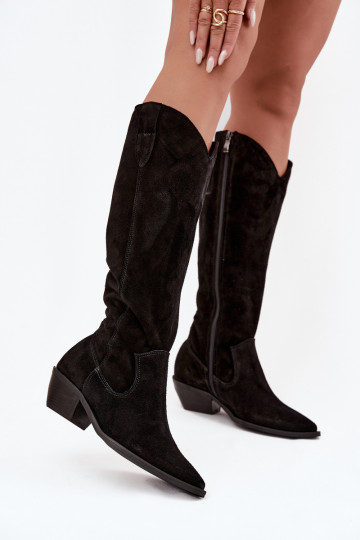 Warme Overknees im Cowboy-Stil aus Kunstwildleder Zazoo 4225 schwarz 2