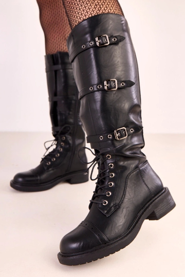 Schwarze Damen Stiefel mit dekorativen Vintage-Schnallen Oradea 2