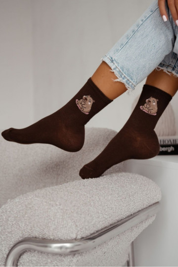 Damen Baumwollsocken mit sitzender Capybara Applikation, schokoladenfarben