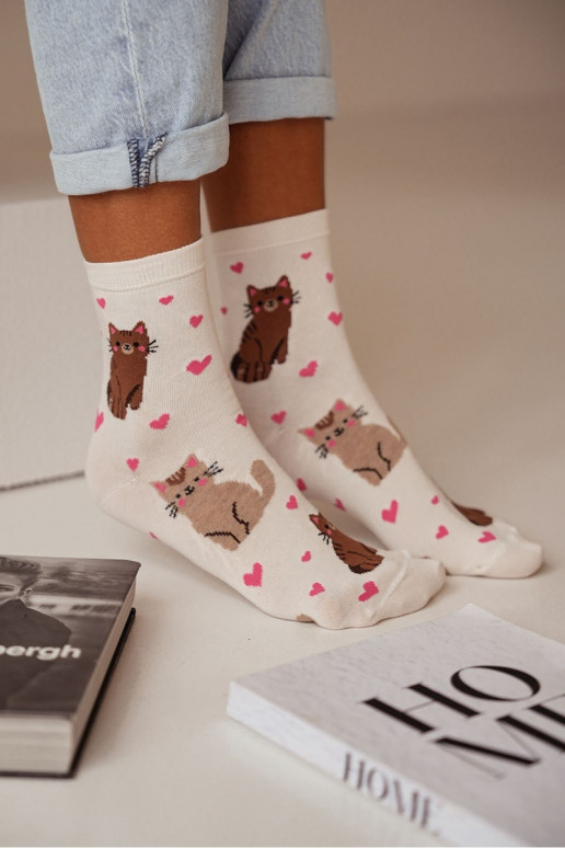 Socken Feminin Katzen I mit Herzen elfenbeinfarbe