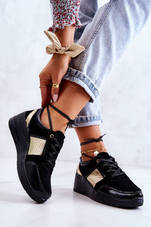 Feminin aus INildleder Turnschuhe Auf einem Keil schZuarze Farbe Larson