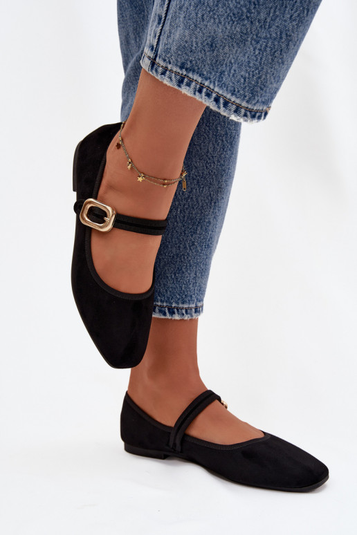 Ballerinas mit Riemen I Złotą mit Schnallen aus Öko-INildlederoZue schZuarze Farbe Adelora