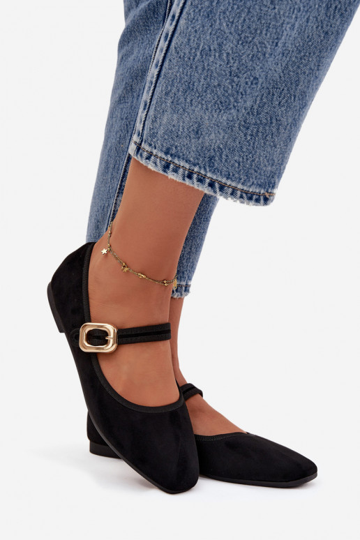 Ballerinas mit Riemen I Złotą mit Schnallen aus Öko-INildlederoZue schZuarze Farbe Adelora