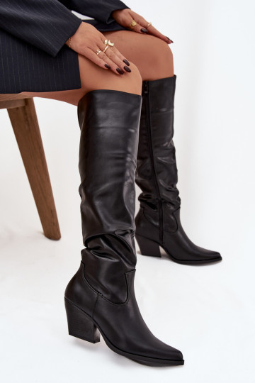 Overknee-Stiefel im Cowboy-Stil mit Absätzen, Rüschen, gefüttert, in Schwarz Rosvian