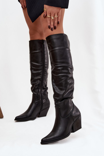 Overknee-Stiefel im Cowboy-Stil mit Absätzen, Rüschen, gefüttert, in Schwarz Rosvian 2