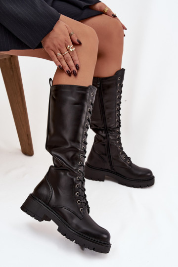 Gefütterte Damen Overknee-Stiefel aus Leder mit Schnürung in Schwarz Novissa