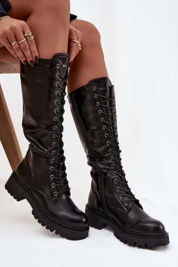 Gefütterte Damen Overknee-Stiefel aus Leder mit Schnürung in Schwarz Novissa 2