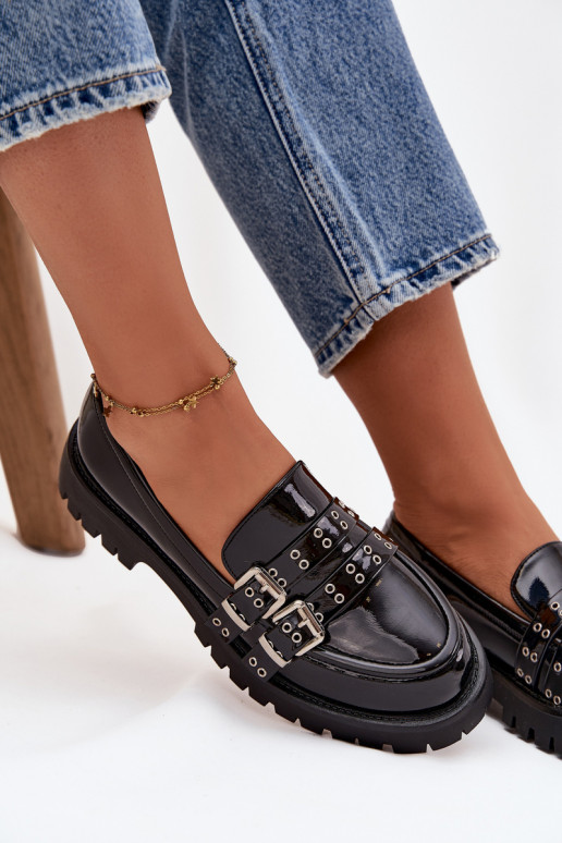 Mokassins für Damen mit Lackeffekt mit Streifen I Silberfarbemi mit Schnallenmi schZuarze Farbe Gabrisse