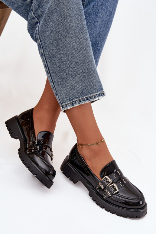 Mokassins für Damen mit Lackeffekt mit Streifen I Silberfarbemi mit Schnallenmi schZuarze Farbe Gabrisse