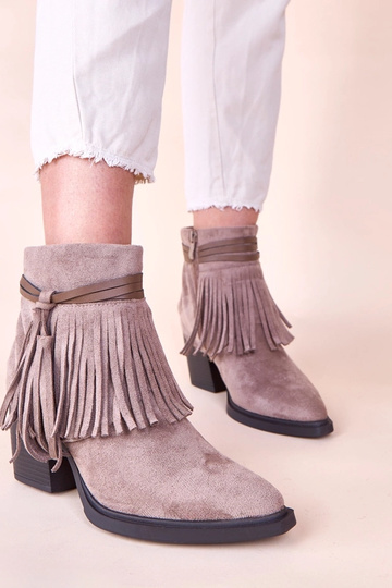 Dunkelbeige Stiefeletten auf Absatz mit Fransen Mulan 2
