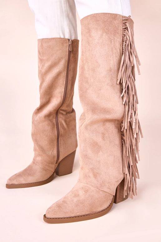 Beige Cowboy Stiefeletten mit Fransen...