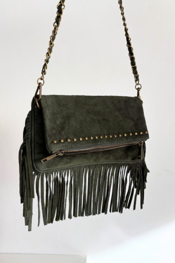 Dunkelgrüne Kunstwildledertasche mit Fransen und Kette Tarella