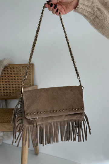 Dunkelbeige Kunstwildledertasche mit Fransen und Kette Tarella