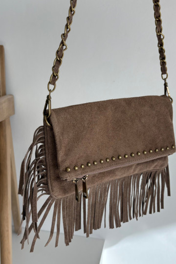 Dunkelbeige Kunstwildledertasche mit Fransen und Kette Tarella 2