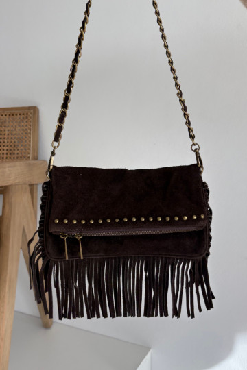 Schokoladenfarbene Kunstwildledertasche mit Fransen und Kette Tarella