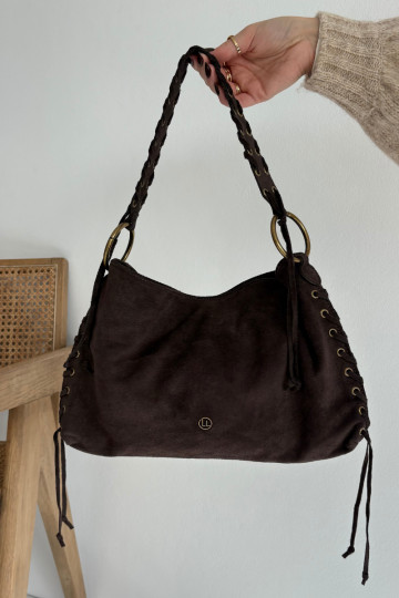 Schokoladenfarbene Kunstwildledertasche mit dekorativen Bändern Janelis