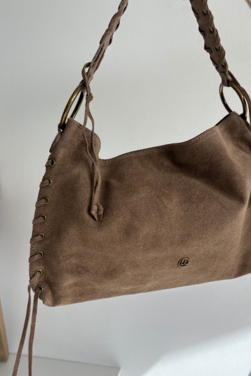 Dunkelbeige Kunstwildledertasche mit dekorativen Bändern Janelis