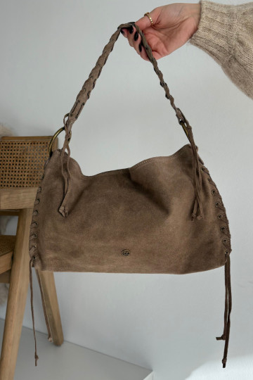 Dunkelbeige Kunstwildledertasche mit dekorativen Bändern Janelis 2