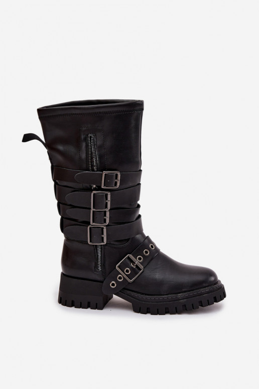 Schwarze gefütterte Damen-Kniehohe Stiefel mit Riemen und Schnallen „Ivaline"