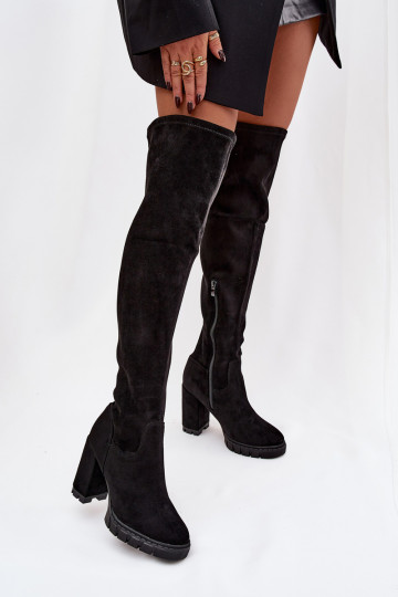 Tahlina Damenstiefel über dem Knie mit Absätzen aus Kunstwildleder in Schwarz