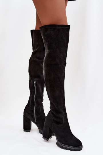 Tahlina Damenstiefel über dem Knie mit Absätzen aus Kunstwildleder in Schwarz 2