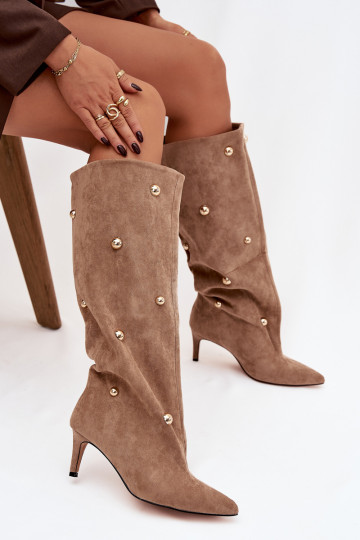 Ein überzeugendes Stilvollll Damenstiefel mit dünnen Absätzen Ze goldene Farbemi Ozdobami Beige Thaliane