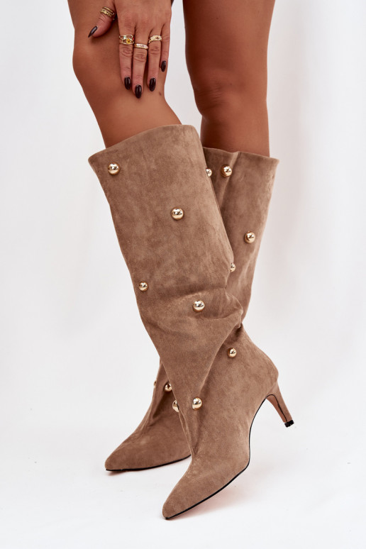 Ein überzeugendes Stilvollll Damenstiefel mit dünnen Absätzen Ze goldene Farbemi Ozdobami Beige Thaliane