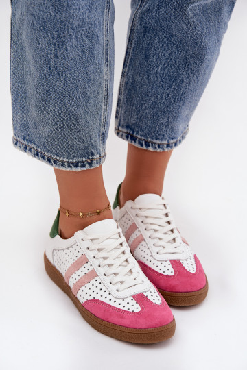 Zazoo N1318 Damen Sneakers in Weiß-Rosa mit durchbrochenen Elementen aus Naturleder